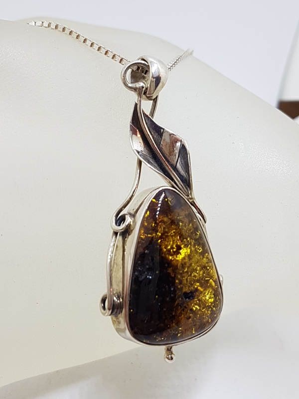20210724_230631 Sterling Silver Large Natural Baltic Amber Leaf Design Triangle Shaped Pendant on Silver Chain