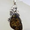 Sterling Silver Large Natural Baltic Amber Gum Leaf Design Triangle Shaped Pendant on Silver Chain