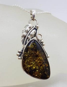 Sterling Silver Large Natural Baltic Amber Gum Leaf Design Triangle Shaped Pendant on Silver Chain