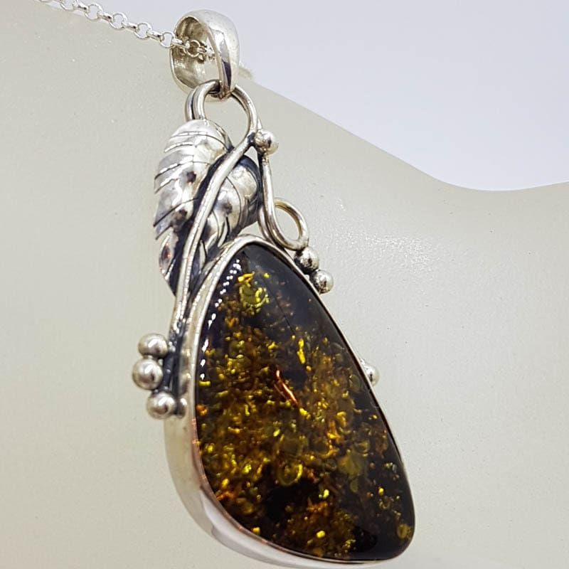 Sterling Silver Large Natural Baltic Amber Gum Leaf Design Triangle Shaped Pendant on Silver Chain