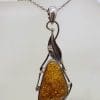 Sterling Silver Long Natural Baltic Amber Gum Leaf Design Triangular Shaped Pendant on Silver Chain