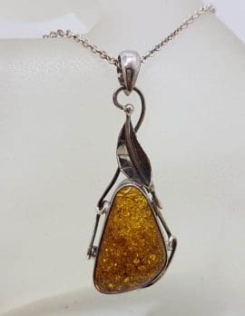 Sterling Silver Long Natural Baltic Amber Gum Leaf Design Triangular Shaped Pendant on Silver Chain