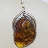 Sterling Silver Large Natural Baltic Amber Gum Leaf Design Free-Form Shaped Pendant on Silver Chain