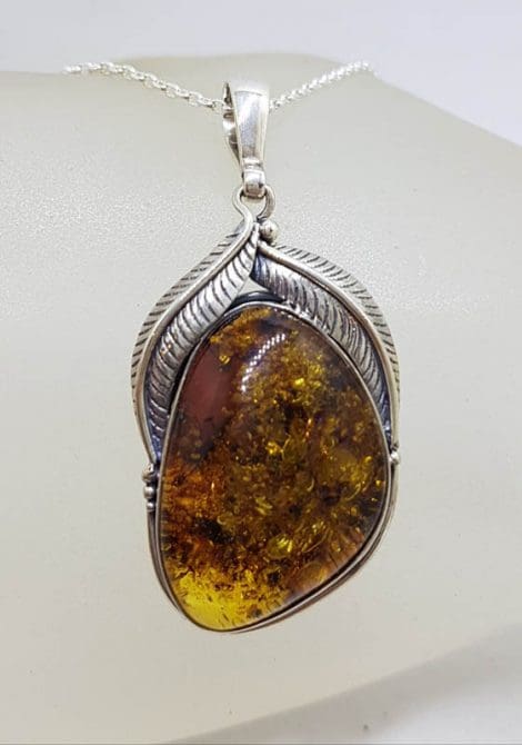 Sterling Silver Large Natural Baltic Amber Gum Leaf Design Free-Form Shaped Pendant on Silver Chain