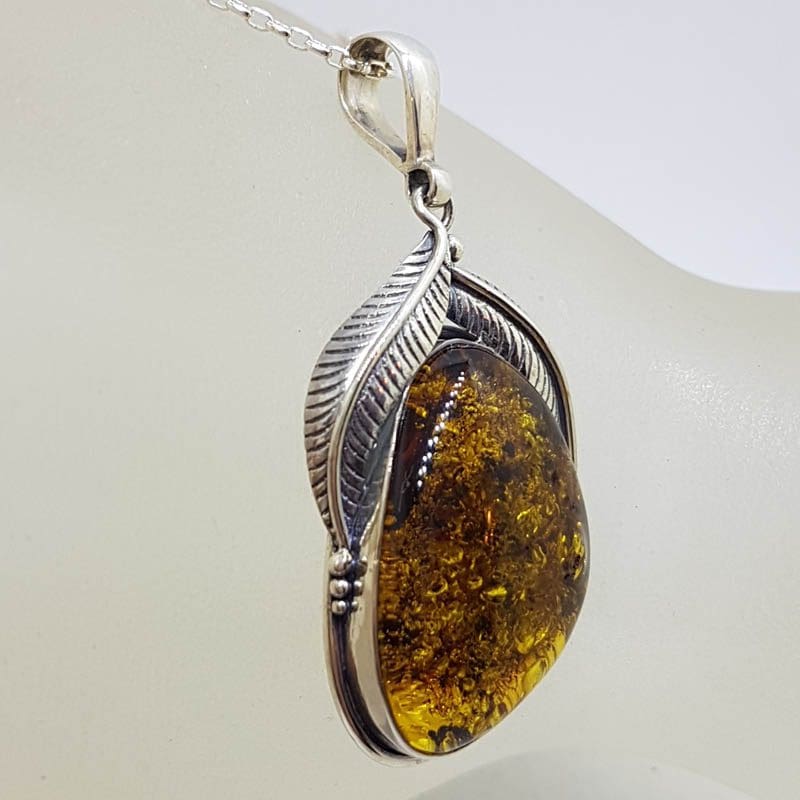Sterling Silver Large Natural Baltic Amber Gum Leaf Design Free-Form Shaped Pendant on Silver Chain