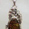 Sterling Silver Large Natural Baltic Amber Gum Leaf Design Oval Shaped Pendant on Silver Chain