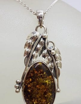 Sterling Silver Large Natural Baltic Amber Gum Leaf Design Oval Shaped Pendant on Silver Chain