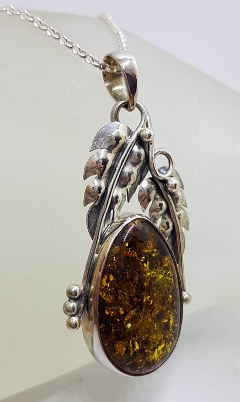 20210724_231106 Sterling Silver Large Natural Baltic Amber Gum Leaf Design Oval Shaped Pendant on Silver Chain