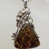 Sterling Silver Large Natural Baltic Amber Leaf Design Triangle Shaped Pendant on Silver Chain