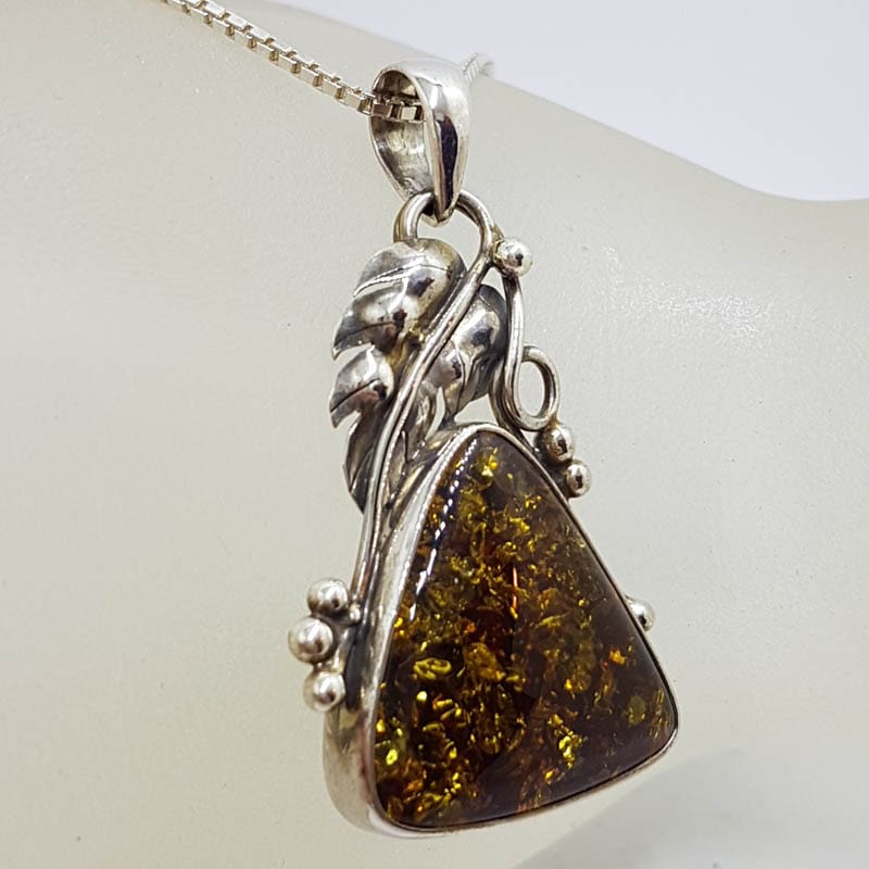 20210724_231158 Sterling Silver Large Natural Baltic Amber Leaf Design Triangle Shaped Pendant on Silver Chain