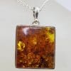 Sterling Silver Large Natural Baltic Amber Square Pendant on Silver Chain