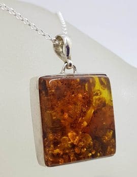 Sterling Silver Large Natural Baltic Amber Square Pendant on Silver Chain
