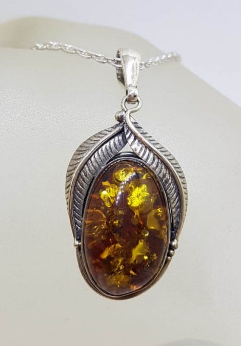 Sterling Silver Large Natural Baltic Amber Leaf Design Pendant on Silver Chain
