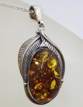 Sterling Silver Large Natural Baltic Amber Leaf Design Pendant on Silver Chain