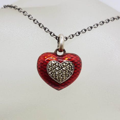 Sterling Silver Marcasite Red Enamel Heart Pendant on Sterling Silver Chain