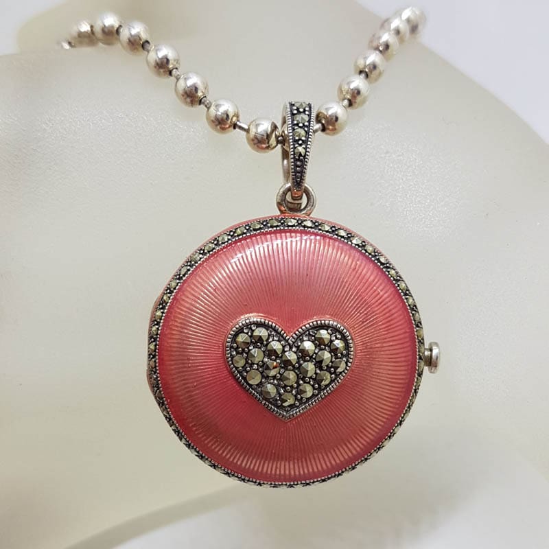 Sterling Silver Marcasite Heart with Pink Enamel Large Round Locket / Compact Enhancer Pendant on Heavy Silver Chain / Necklace