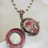 Sterling Silver Marcasite Heart with Pink Enamel Large Round Locket / Compact Enhancer Pendant on Heavy Silver Chain / Necklace