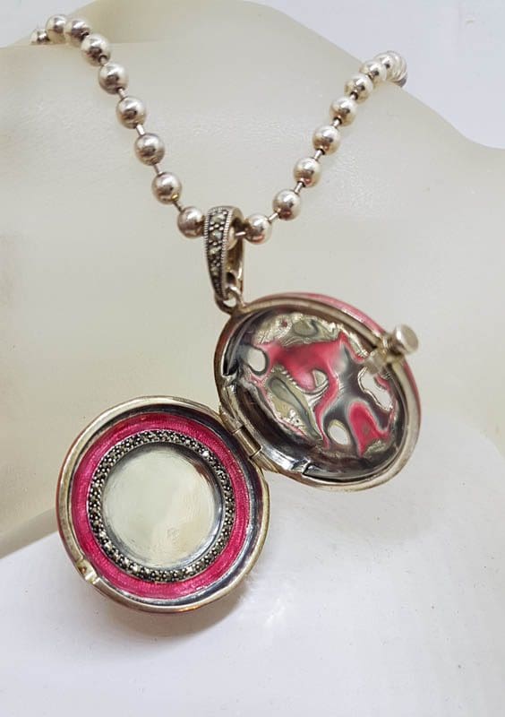 Sterling Silver Marcasite Heart with Pink Enamel Large Round Locket / Compact Enhancer Pendant on Heavy Silver Chain / Necklace