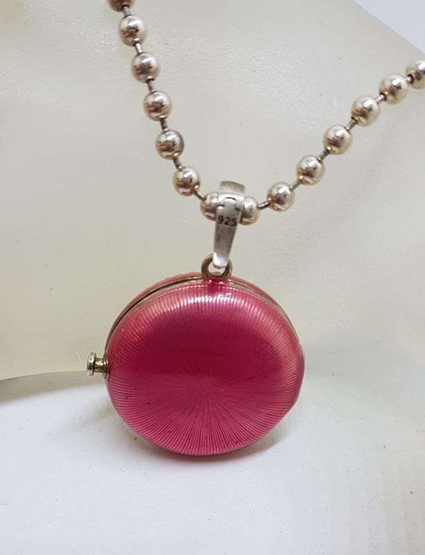 Sterling Silver Marcasite Heart with Pink Enamel Large Round Locket / Compact Enhancer Pendant on Heavy Silver Chain / Necklace
