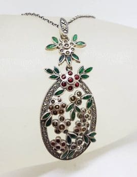 Sterling Silver Marcasite with Green & Red Enamel Large Floral Ornate Pendant on Sterling Silver Chain