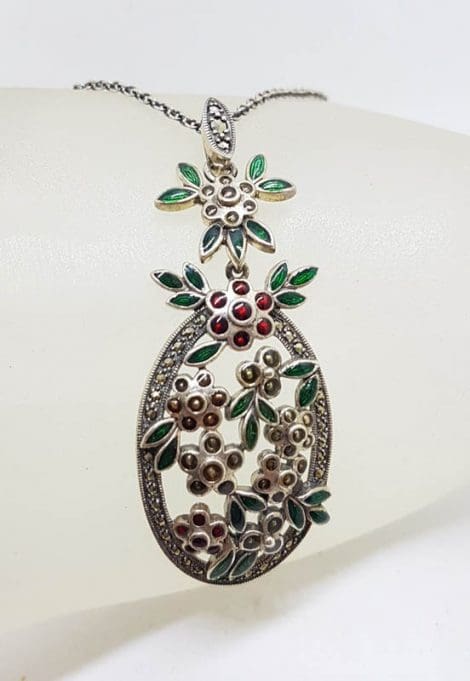 Sterling Silver Marcasite with Green & Red Enamel Large Floral Ornate Pendant on Sterling Silver Chain