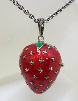 Sterling Silver Marcasite, Green & Red Enamel Medium Size Strawberry Locket Pendant (which Opens) on Sterling Silver Chain