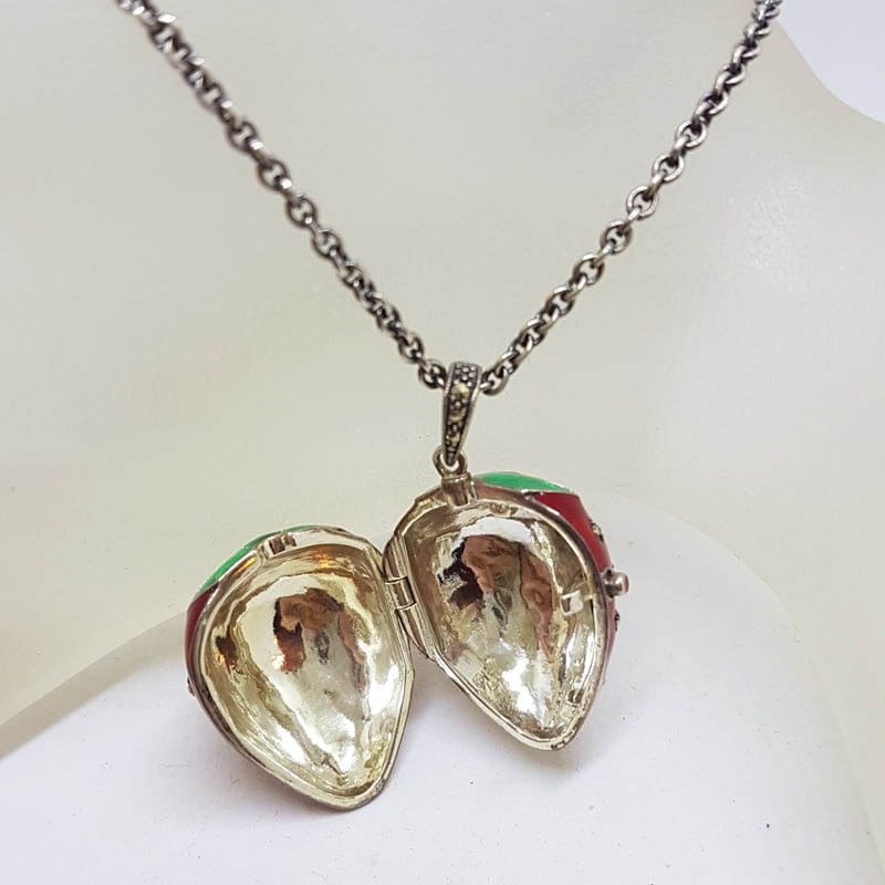 20210728_212946 Sterling Silver Marcasite, Green & Red Enamel Medium Size Strawberry Locket Pendant (which Opens) on Sterling Silver Chain