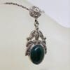 Sterling Silver Marcasite and Oval Green Onyx Ornate Pendant on Sterling Silver Chain