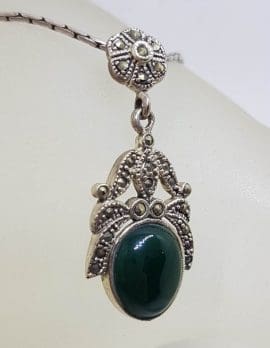 Sterling Silver Marcasite and Oval Green Onyx Ornate Pendant on Sterling Silver Chain