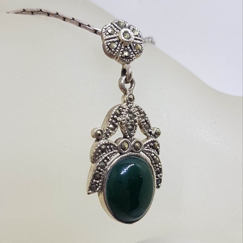 20210728_213111 Sterling Silver Marcasite and Oval Green Onyx Ornate Pendant on Sterling Silver Chain