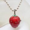 Sterling Silver Marcasite, Green & Red Enamel Large Size Strawberry Locket Pendant (which Opens) on Sterling Silver Chain