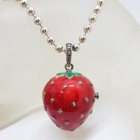 Sterling Silver Marcasite, Green & Red Enamel Large Size Strawberry Locket Pendant (which Opens) on Sterling Silver Chain
