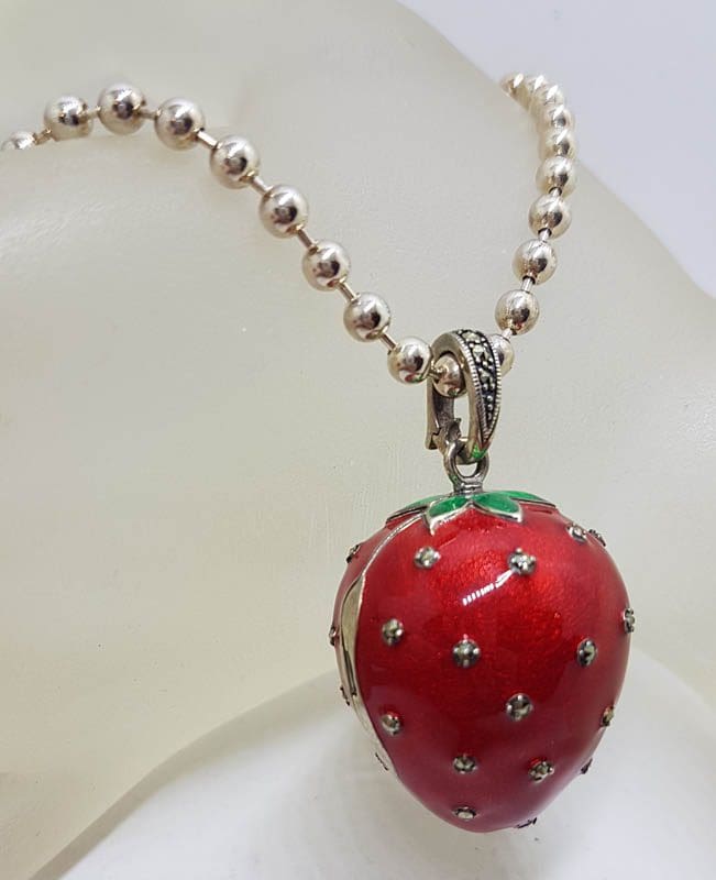 Sterling Silver Marcasite, Green & Red Enamel Large Size Strawberry Locket Pendant (which Opens) on Sterling Silver Chain