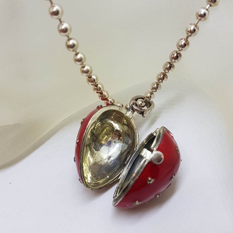 Sterling Silver Marcasite, Green & Red Enamel Large Size Strawberry Locket Pendant (which Opens) on Sterling Silver Chain
