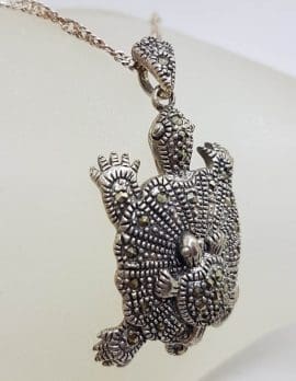 Sterling Silver Marcasite Mother and Baby Turtle Pendant on Sterling Silver Chain