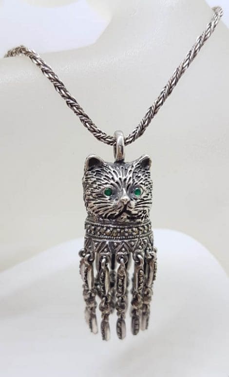 Sterling Silver Marcasite Cat Head with Tassells Pendant on Sterling Silver Chain