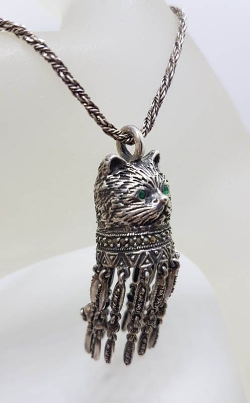 20210728_213333 Sterling Silver Marcasite Cat Head with Tassells Pendant on Sterling Silver Chain