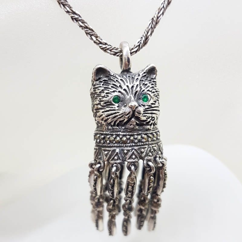 20210728_213346 Sterling Silver Marcasite Cat Head with Tassells Pendant on Sterling Silver Chain