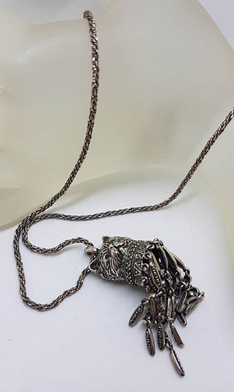 20210728_213404 Sterling Silver Marcasite Cat Head with Tassells Pendant on Sterling Silver Chain