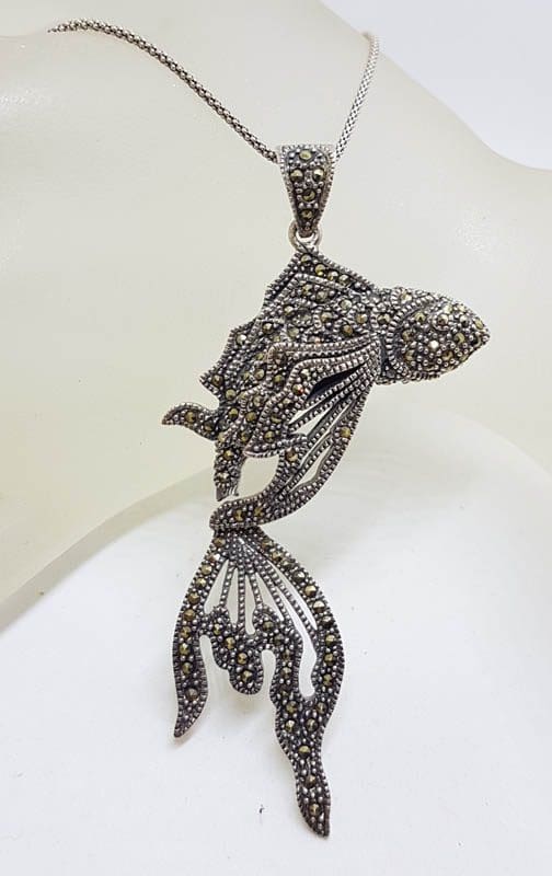 20210728_213419 Sterling Silver Marcasite Large Koi Fish Pendant on Sterling Silver Chain