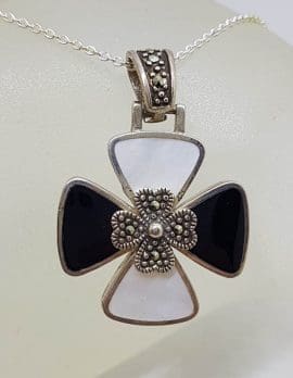 Sterling Silver Marcasite, Onyx and Mother of Pearl Cross / Crucifix Pendant on Sterling Silver Chain