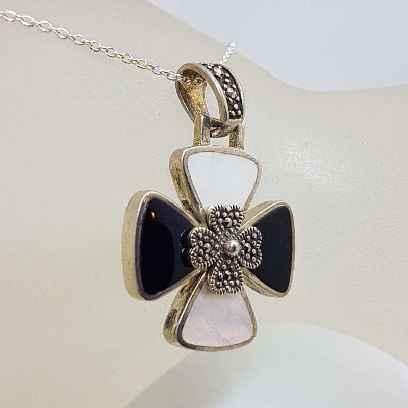 20210728_213528 Sterling Silver Marcasite, Onyx and Mother of Pearl Cross / Crucifix Pendant on Sterling Silver Chain
