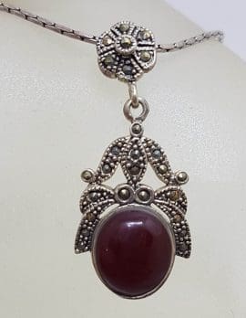 Sterling Silver Marcasite and Oval Carnelian Ornate Pendant on Sterling Silver Chain