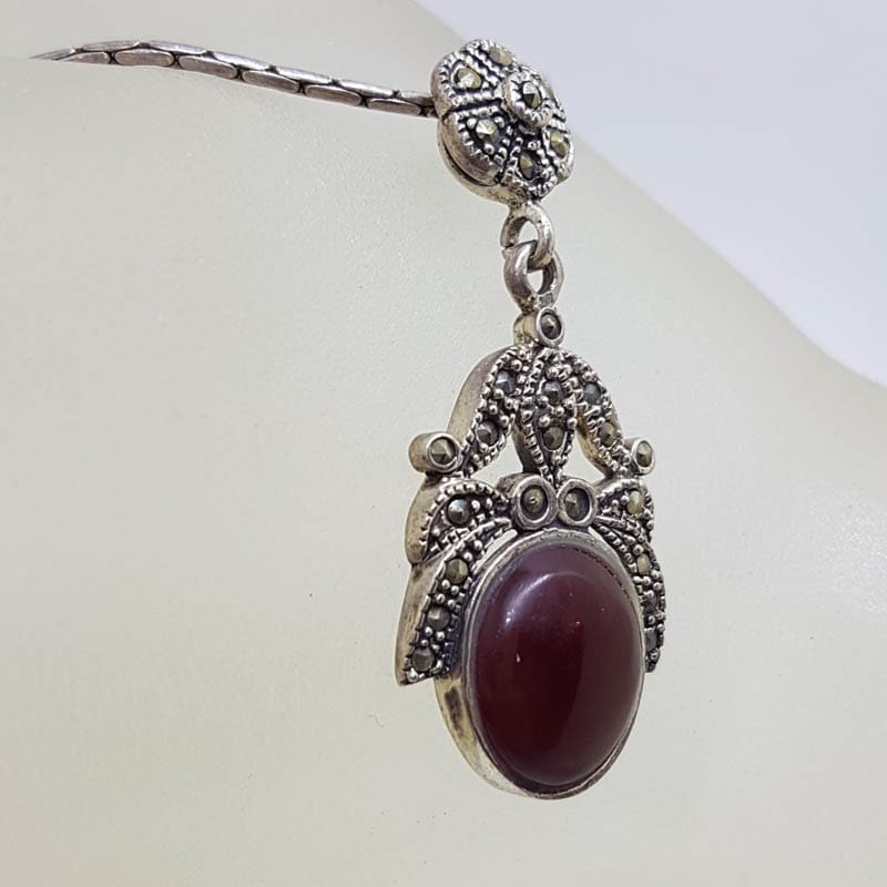 20210728_213606 Sterling Silver Marcasite and Oval Carnelian Ornate Pendant on Sterling Silver Chain