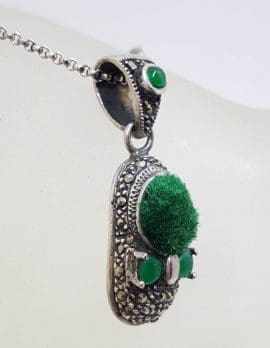 Sterling Silver Marcasite Green Pin Cushion Shoe Pendant on Sterling Silver Chain