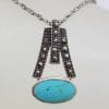 Sterling Silver Marcasite and Oval Turquoise Pendant on Silver Chain - Vintage