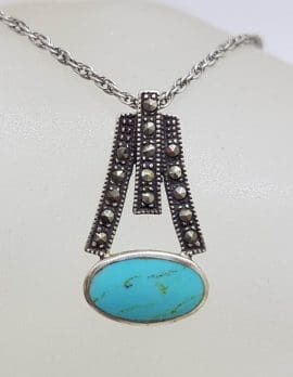 Sterling Silver Marcasite and Oval Turquoise Pendant on Silver Chain - Vintage