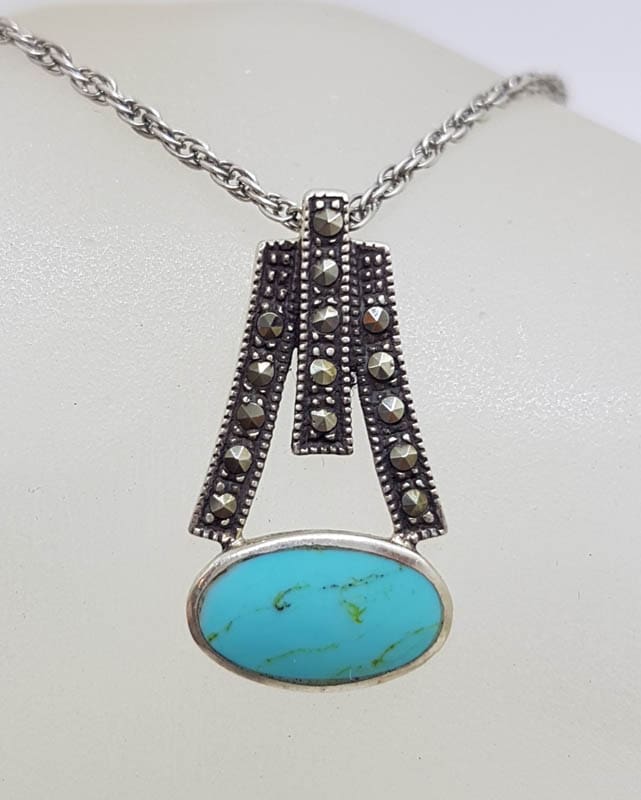 Sterling Silver Marcasite and Oval Turquoise Pendant on Silver Chain - Vintage