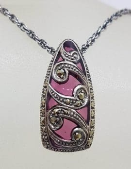 Sterling Silver Marcasite with Purple Enamel Ornate Pendant on Sterling Silver Chain