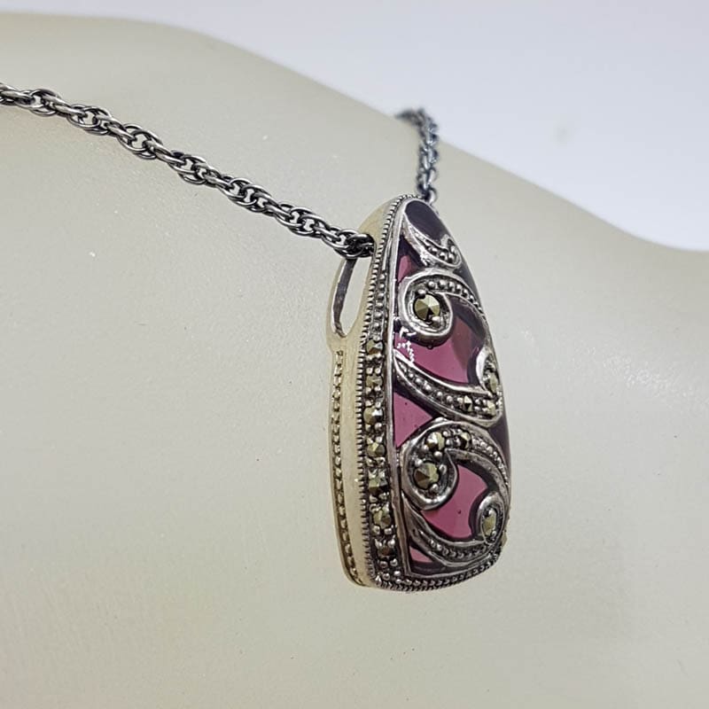 Sterling Silver Marcasite with Purple Enamel Ornate Pendant on Sterling Silver Chain